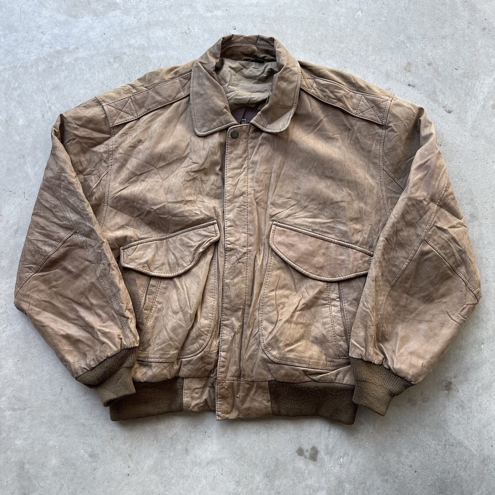 Vintage‎ 80s 90s Hunt Club Brown Leather Bomber Flight Jacket 44 Logo Lined